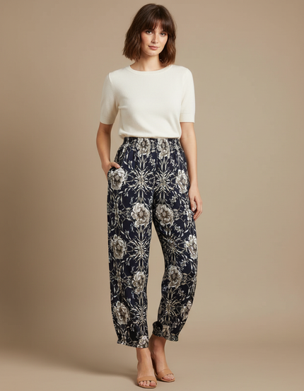 Pantalon Fluide Imprimé Floral Noir Ample Femme - Marine Viscose