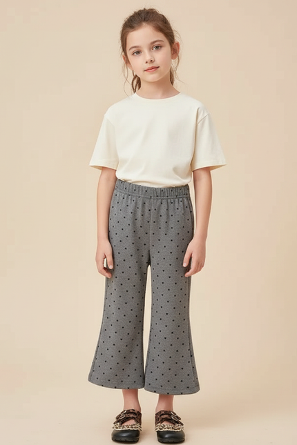 Pantalon Fluide Gris Cœurs Évasé Confortable Fille - Molleton