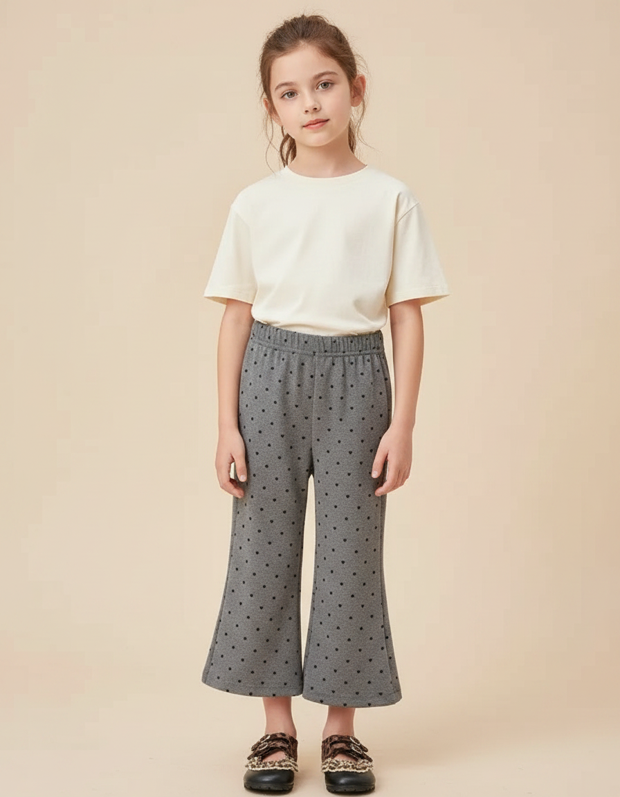 Pantalon Fluide Gris Cœurs Évasé Confortable Fille - Molleton