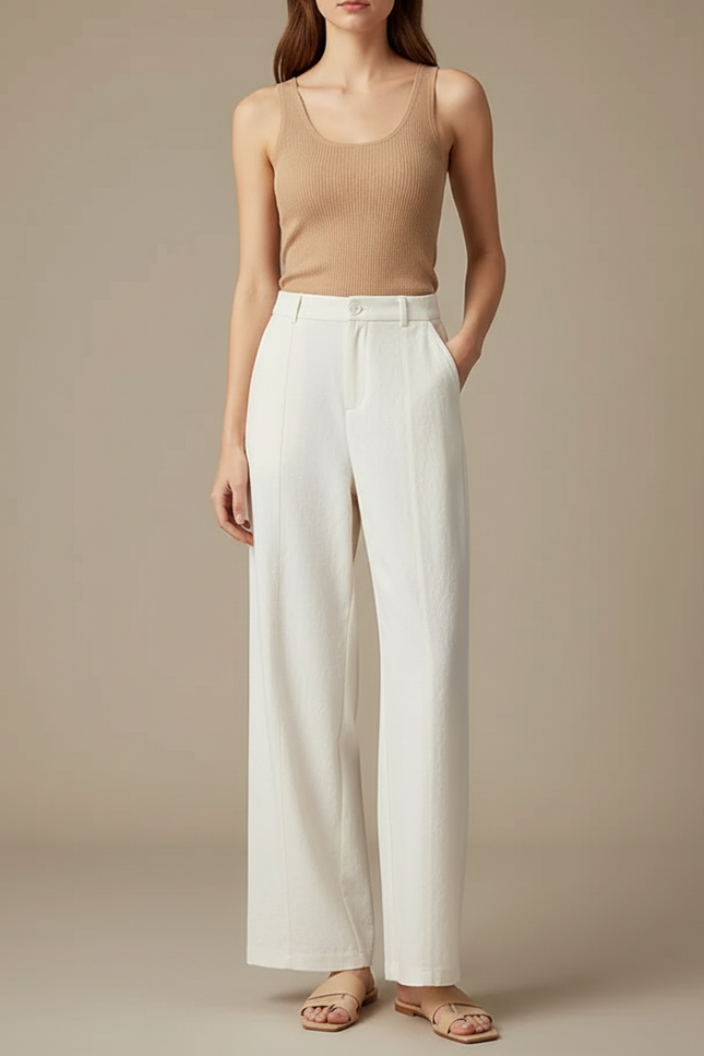 Pantalon Fluide Blanc Ample Taille Haute Casual - Lin