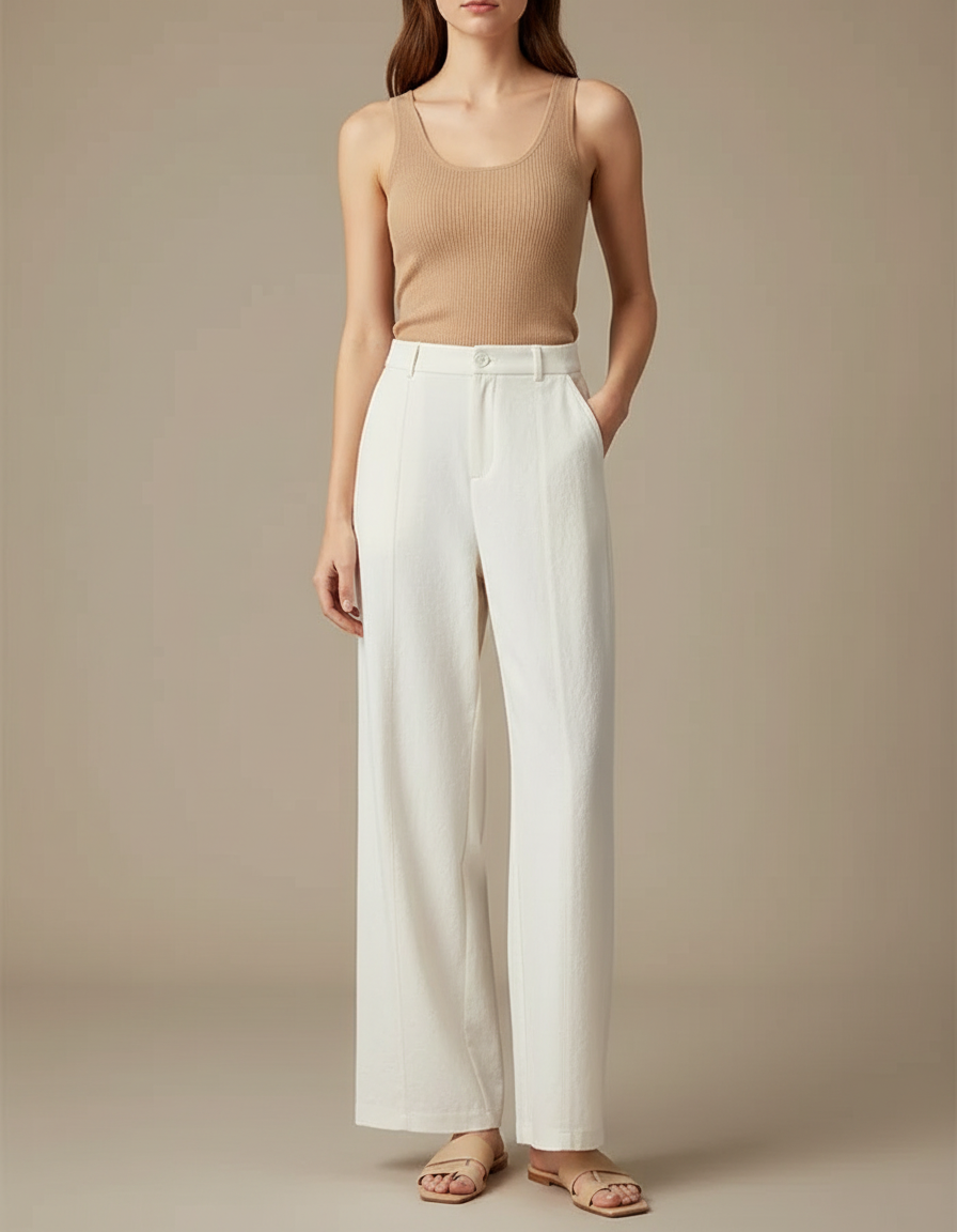 Pantalon Fluide Blanc Ample Taille Haute Casual - Lin