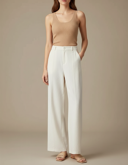 Pantalon Fluide Blanc Ample Taille Haute Casual - Lin