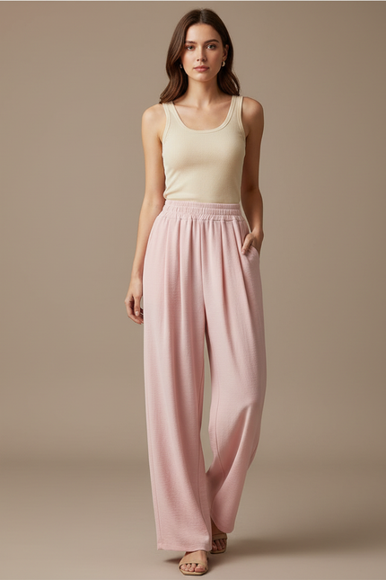Pantalon Fluide Rose Ample Décontracté Plissé Léger - Viscose