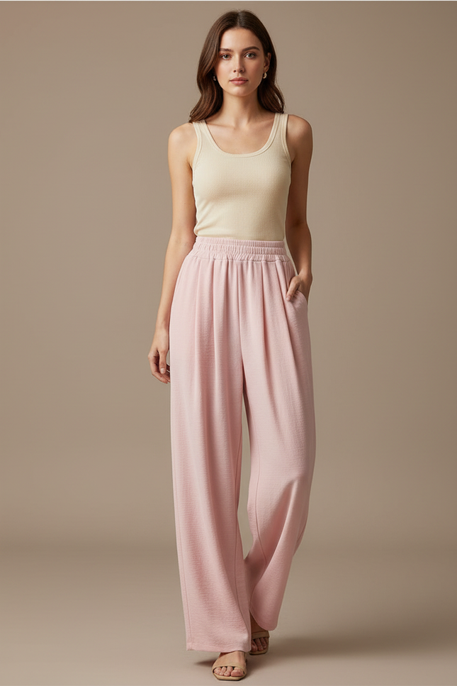 Pantalon Fluide Rose Ample Décontracté Plissé Léger - Viscose
