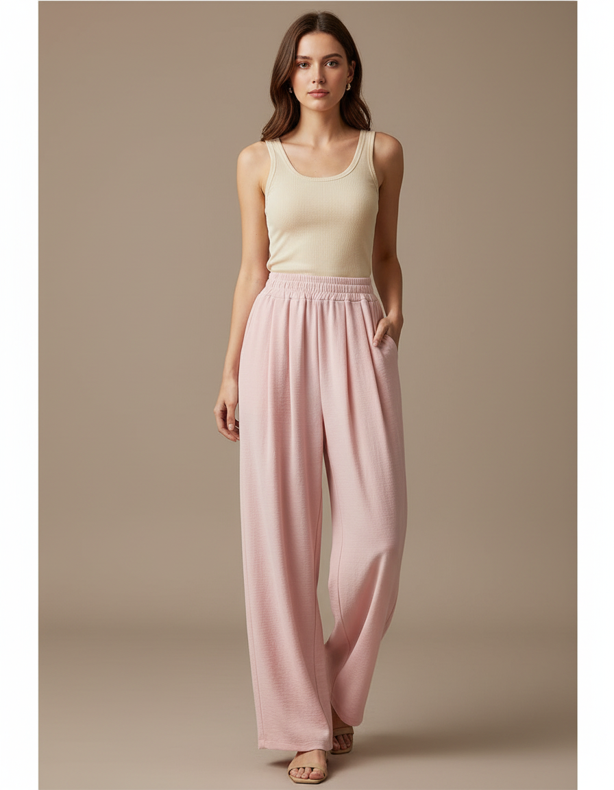 Pantalon Fluide Rose Ample Décontracté Plissé Léger - Viscose