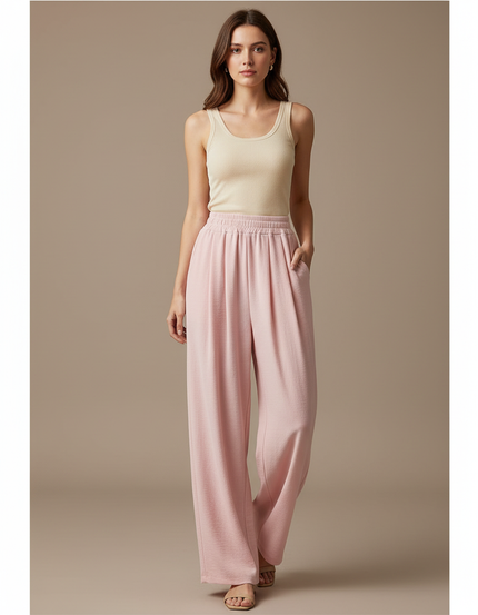 Pantalon Fluide Rose Ample Décontracté Plissé Léger - Viscose