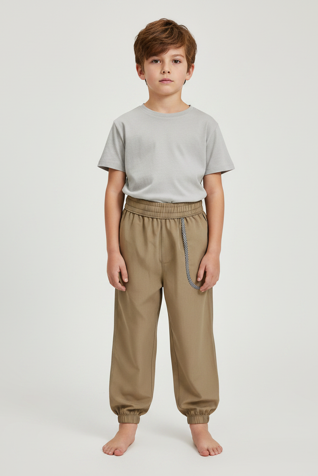 Pantalon Fluide Kaki Ample Cordon Cheville Élastiquée - Gabardine