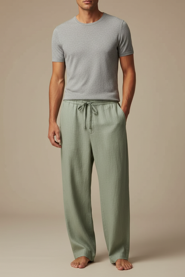 Pantalon Fluide Vert Lin Ample Homme Décontracté Cordon