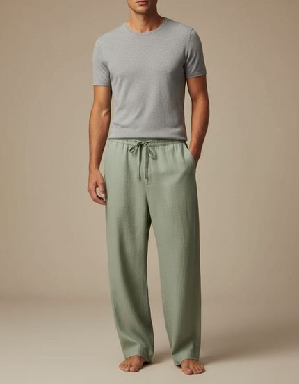 Pantalon Fluide Vert Lin Ample Homme Décontracté Cordon