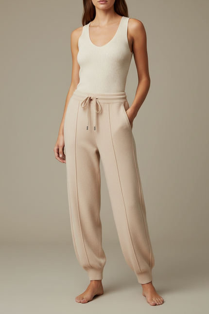 Pantalon Fluide Beige Maille Ample Cordon Décontracté