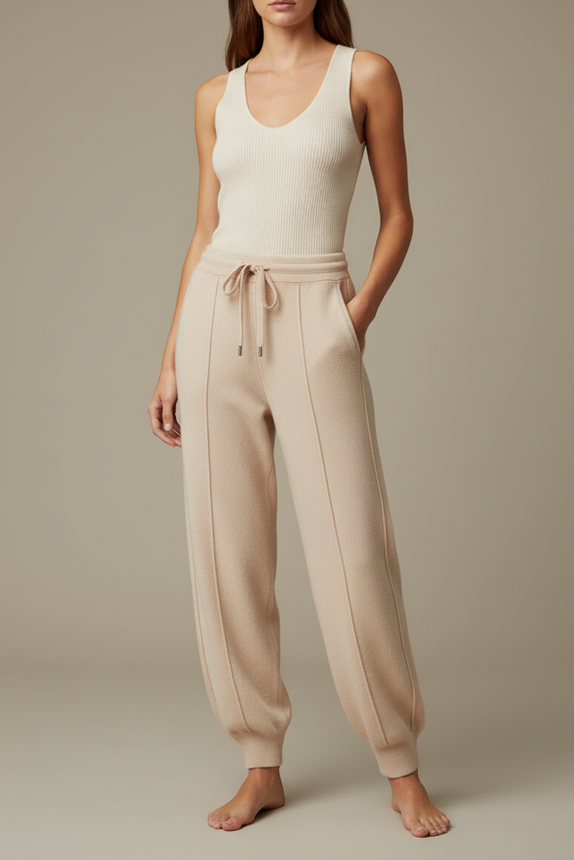 Pantalon Fluide Beige Maille Ample Cordon Décontracté