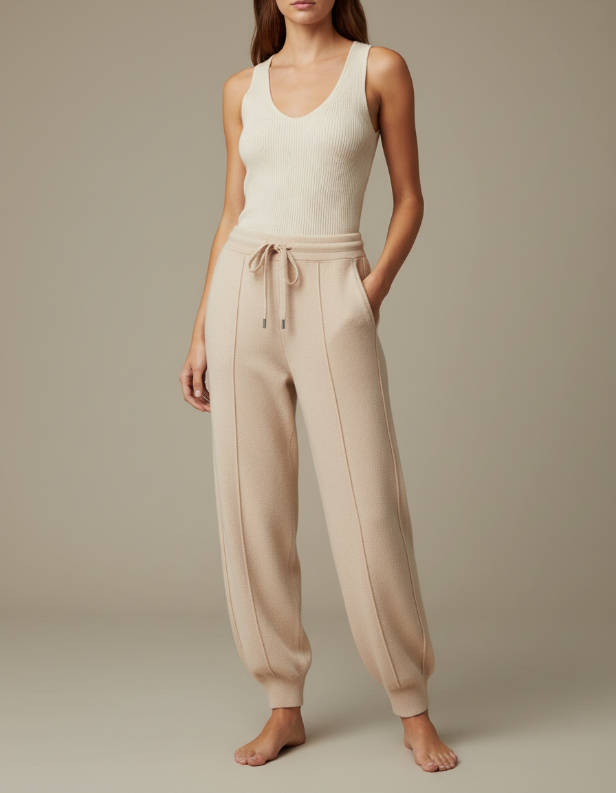 Pantalon Fluide Beige Maille Ample Cordon Décontracté