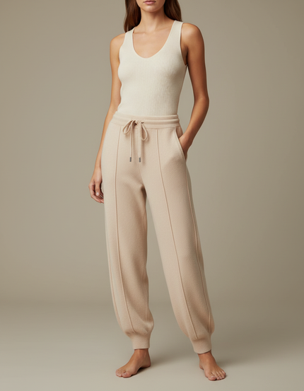 Pantalon Fluide Beige Maille Ample Cordon Décontracté