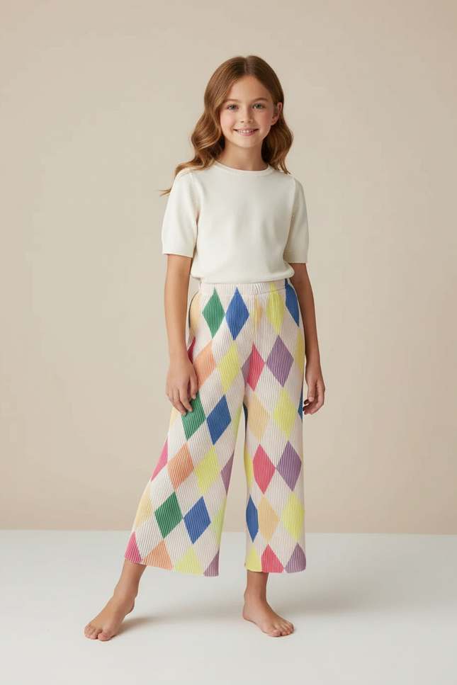 Pantalon Fluide Plissé Arc-en-ciel Losanges Ample Fille - Multicolore Polyester