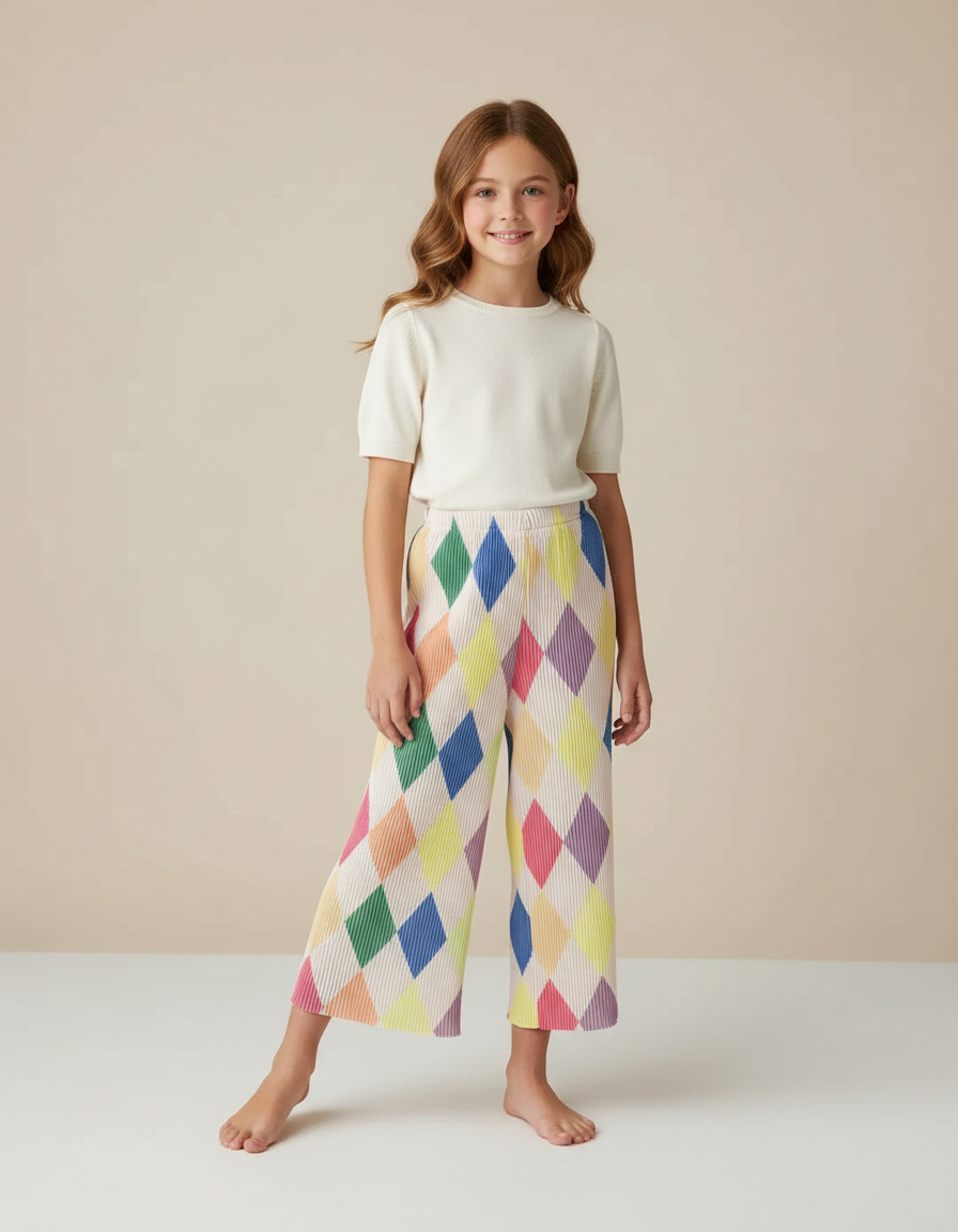 Pantalon Fluide Plissé Arc-en-ciel Losanges Ample Fille - Multicolore Polyester