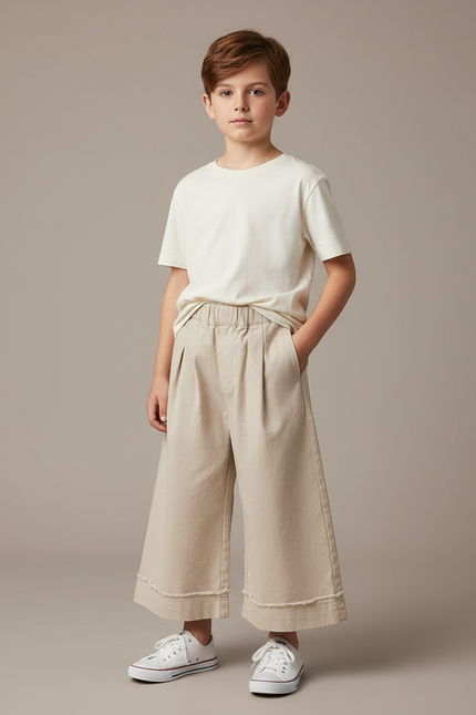 Pantalon Fluide Beige Large Coton Décontracté Enfant