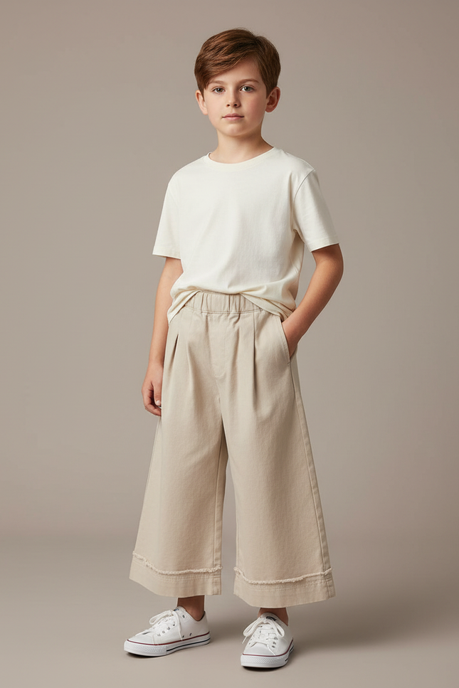 Pantalon Fluide Beige Large Coton Décontracté Enfant