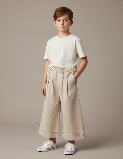 Pantalon Fluide Beige Large Coton Décontracté Enfant