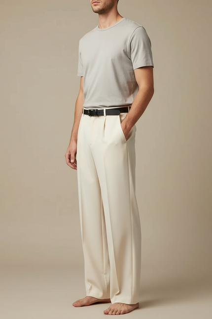 Pantalon Fluide Écru Ample Droit Homme Élégant - Beige Viscose