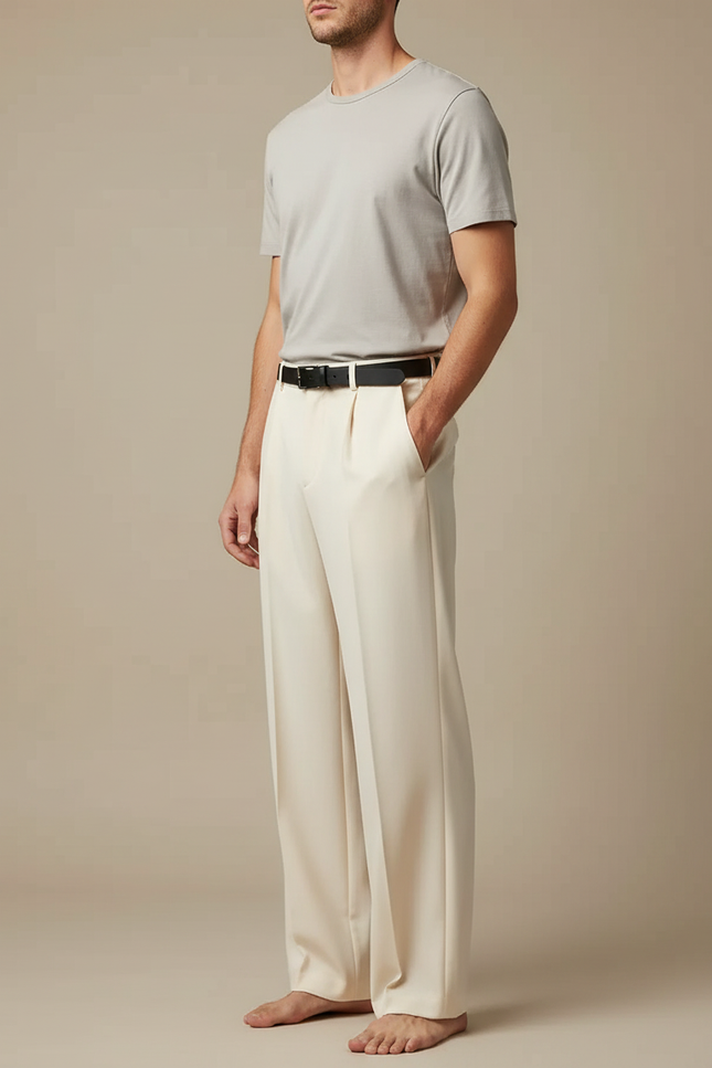 Pantalon Fluide Écru Ample Droit Homme Élégant - Beige Viscose