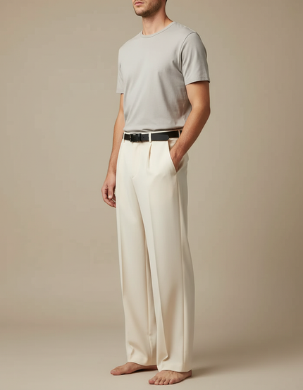 Pantalon Fluide Écru Ample Droit Homme Élégant - Beige Viscose