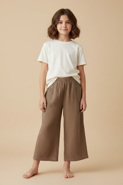 Pantalon Fluide Marron Coton Ample Confortable Enfant
