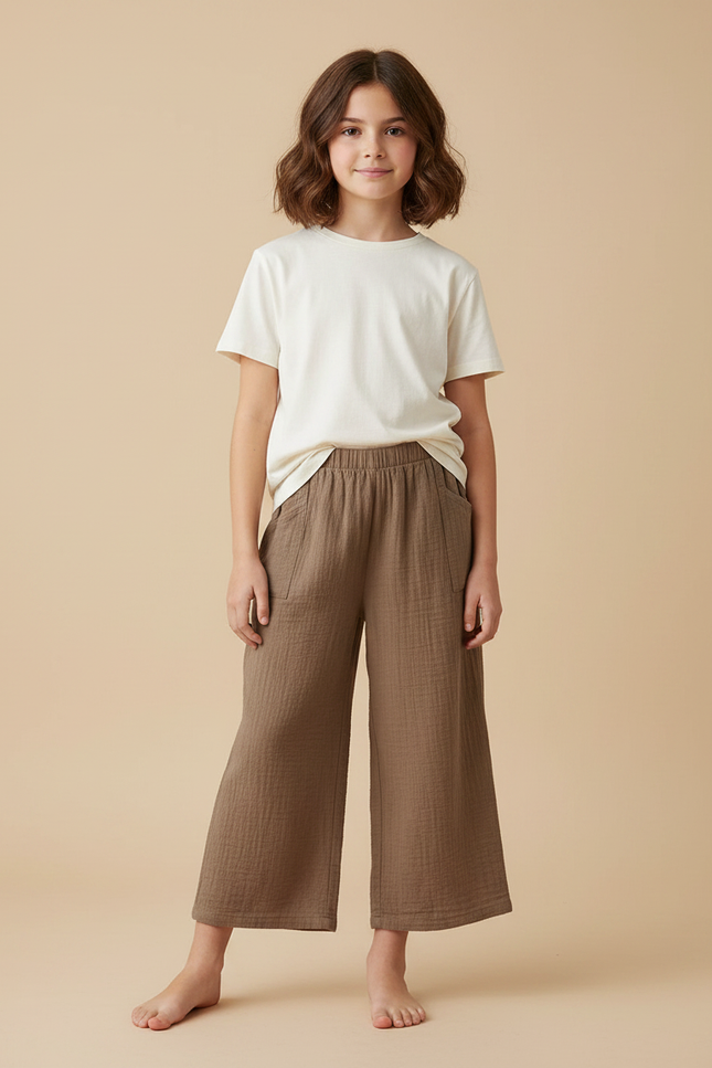Pantalon Fluide Marron Coton Ample Confortable Enfant