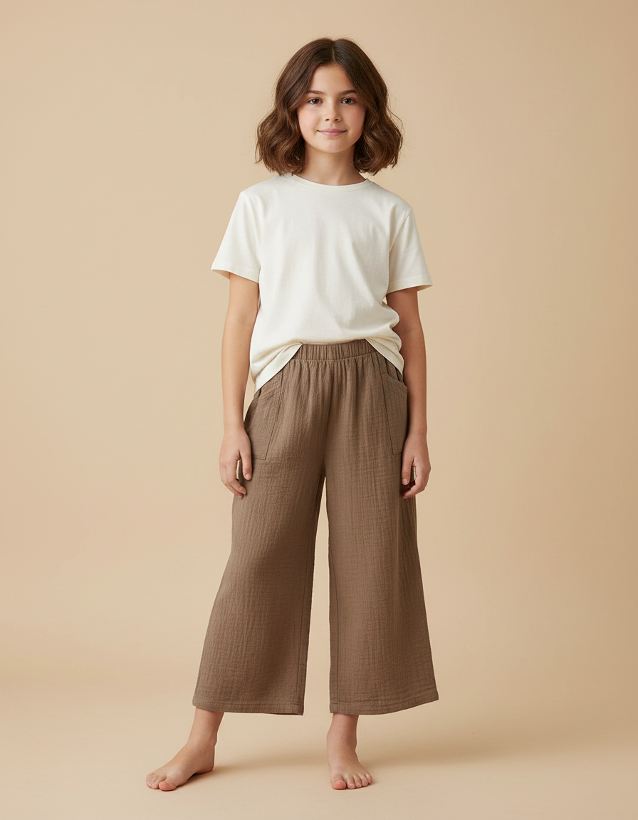 Pantalon Fluide Marron Coton Ample Confortable Enfant
