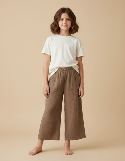 Pantalon Fluide Marron Coton Ample Confortable Enfant