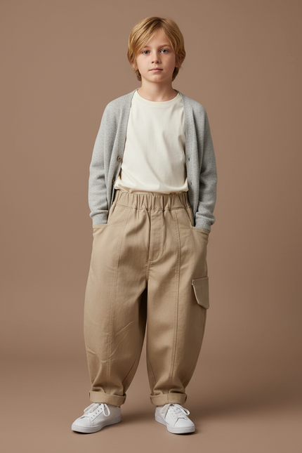 Pantalon Fluide Beige Coton Ample Cargo Enfant