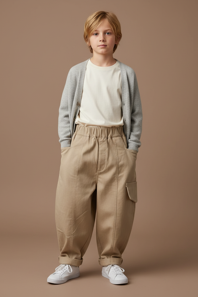Pantalon Fluide Beige Coton Ample Cargo Enfant