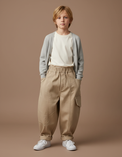 Pantalon Fluide Beige Coton Ample Cargo Enfant