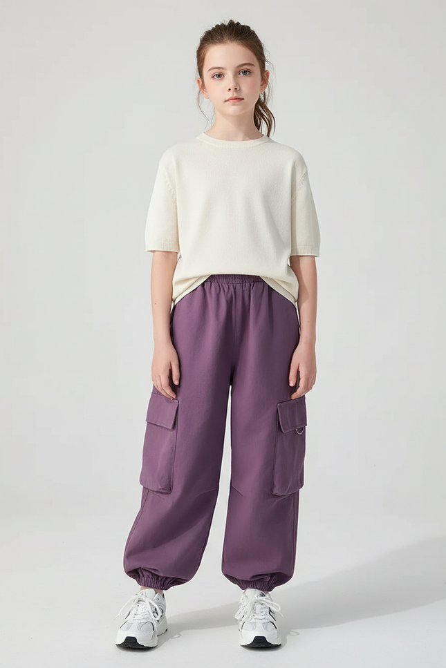 Pantalon Fluide Violet Cargo Ample Élastiqué Décontracté - Molleton