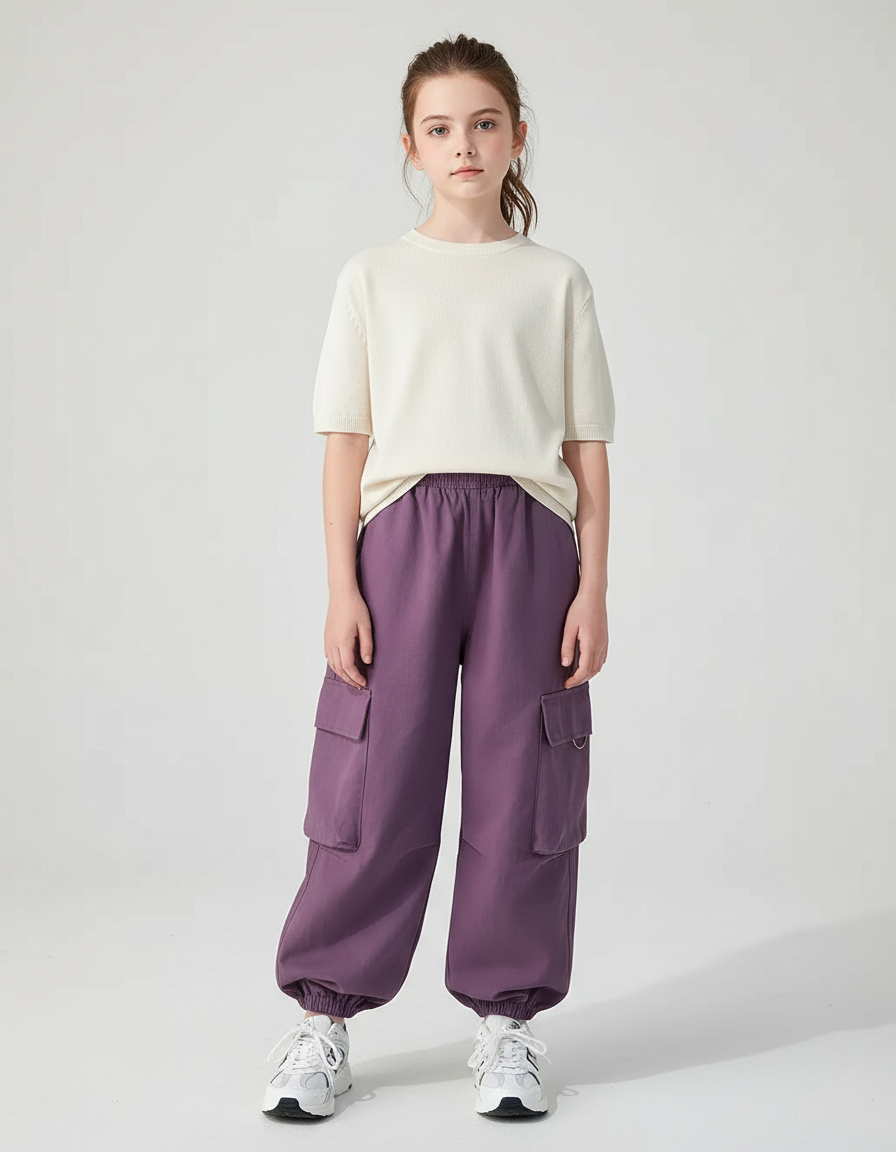 Pantalon Fluide Violet Cargo Ample Élastiqué Décontracté - Molleton
