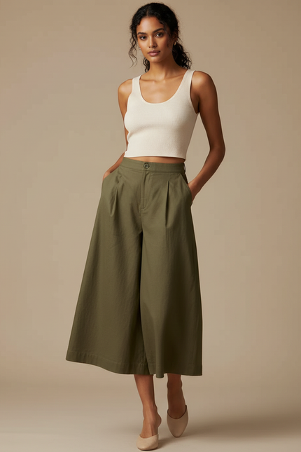 Pantalon Fluide Kaki Ample Décontracté Plissé Court - Toile