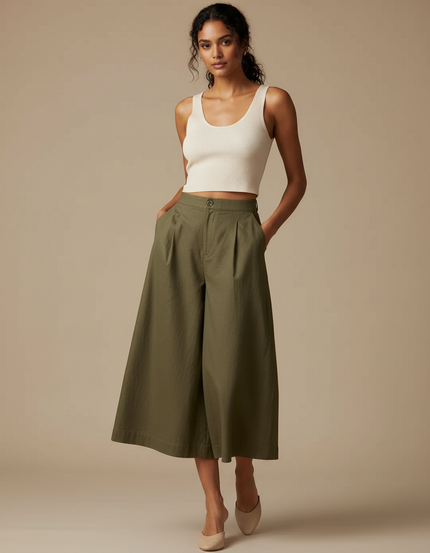 Pantalon Fluide Kaki Ample Décontracté Plissé Court - Toile