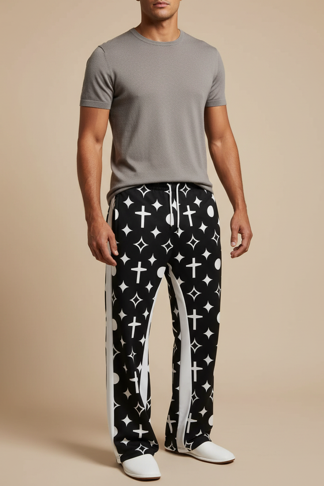 Pantalon Fluide Noir Imprimé Croix Étoiles Ample Homme - Maille