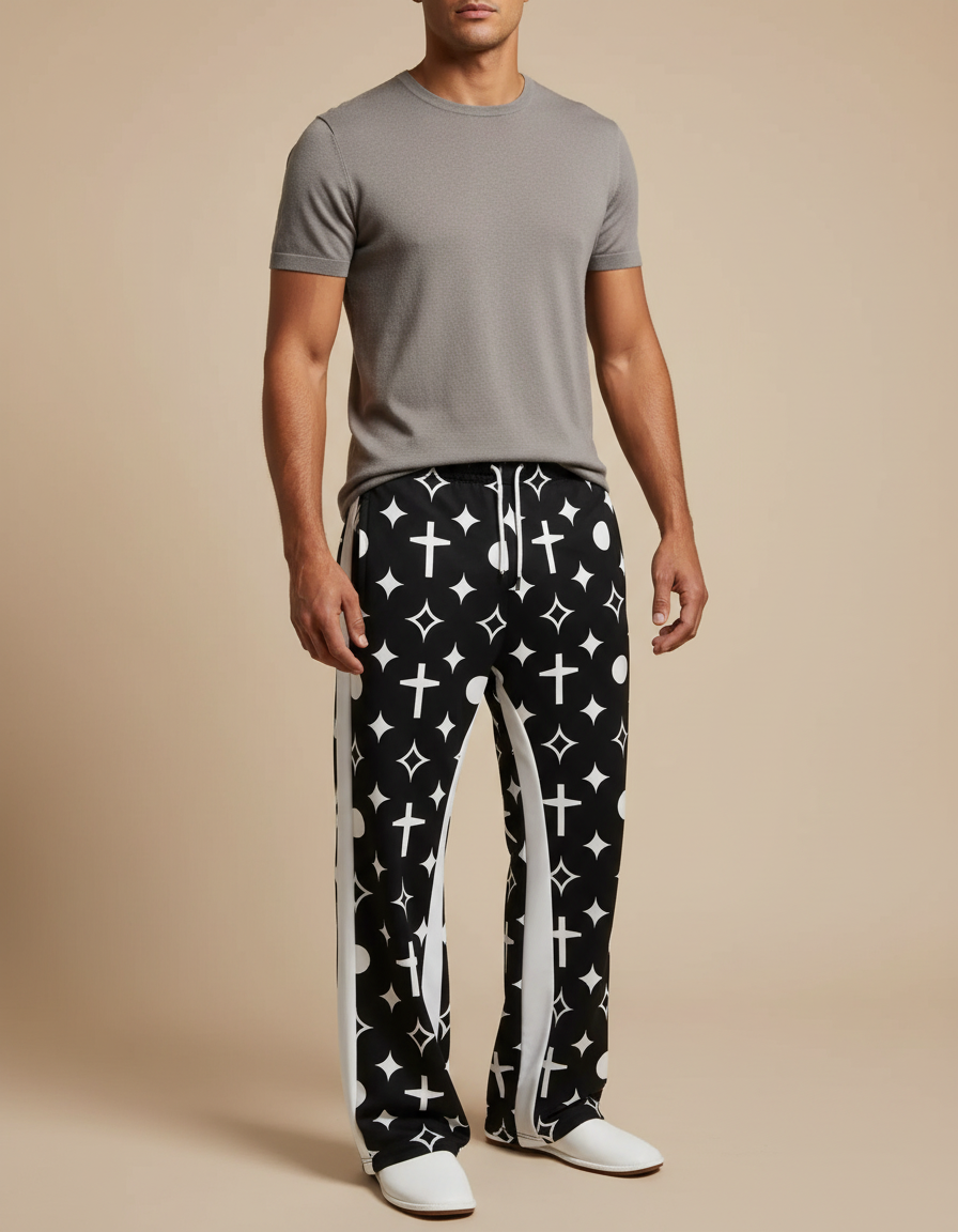 Pantalon Fluide Noir Imprimé Croix Étoiles Ample Homme - Maille