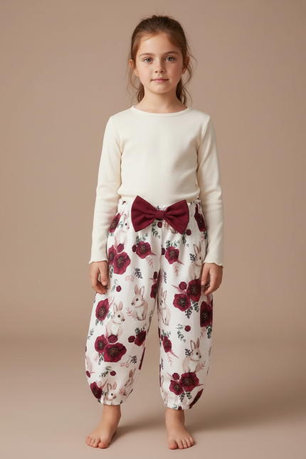 Pantalon Fluide Blanc Imprimé Lapin Fleuri Ample Fille - Viscose