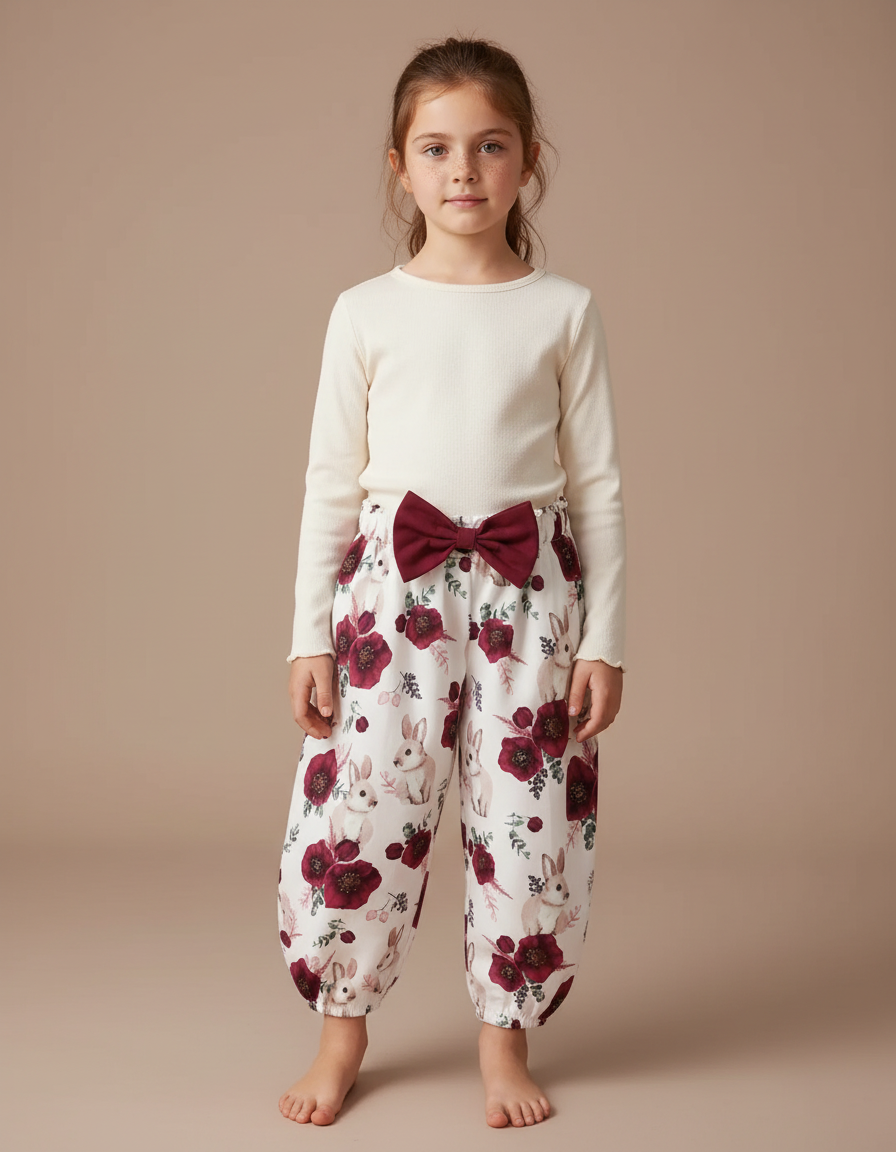 Pantalon Fluide Blanc Imprimé Lapin Fleuri Ample Fille - Viscose