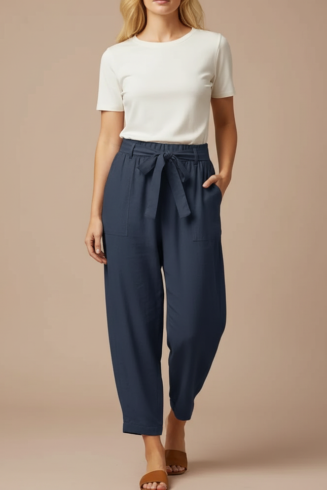 Pantalon Fluide Bleu Marine Coton Ample Cordon Femme