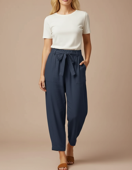 Pantalon Fluide Bleu Marine Coton Ample Cordon Femme