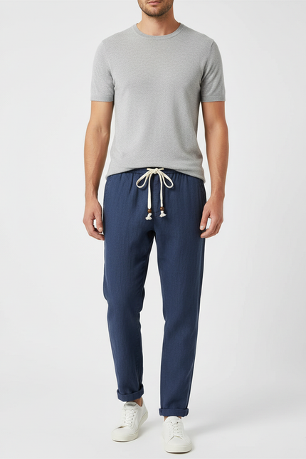 Pantalon Fluide Homme Bleu Marine Lin Décontracté Cordon