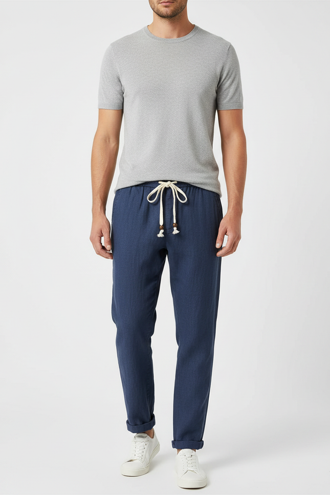 Pantalon Fluide Homme Bleu Marine Lin Décontracté Cordon