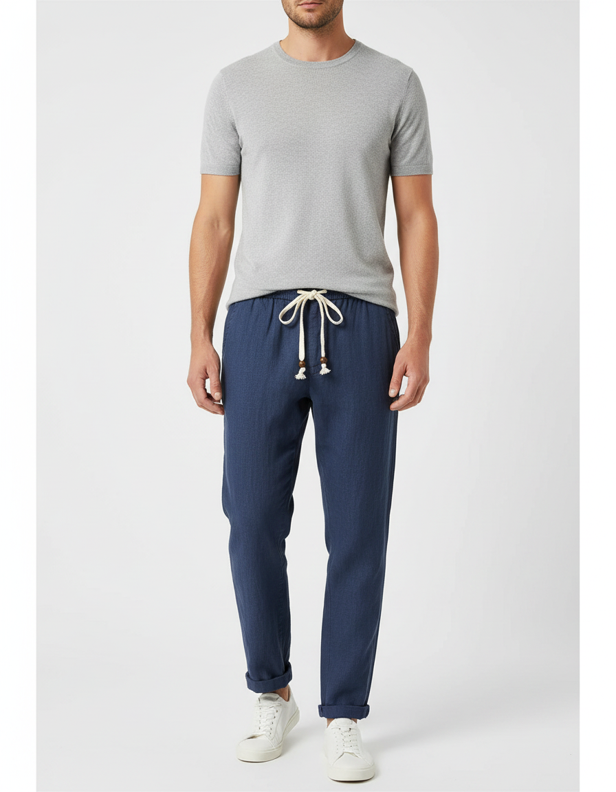Pantalon Fluide Homme Bleu Marine Lin Décontracté Cordon