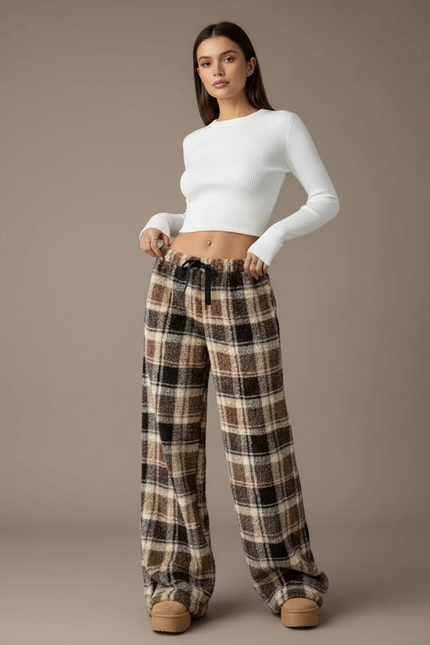 Pantalon Fluide Carreaux Marron Ample Chaud Plaid - Tweed