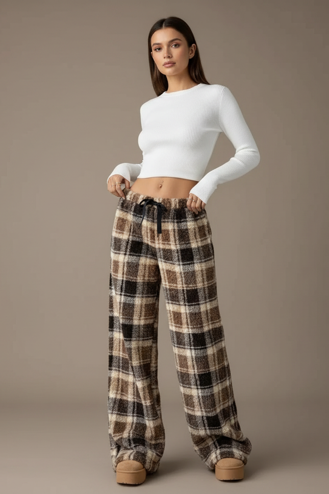 Pantalon Fluide Carreaux Marron Ample Chaud Plaid - Tweed