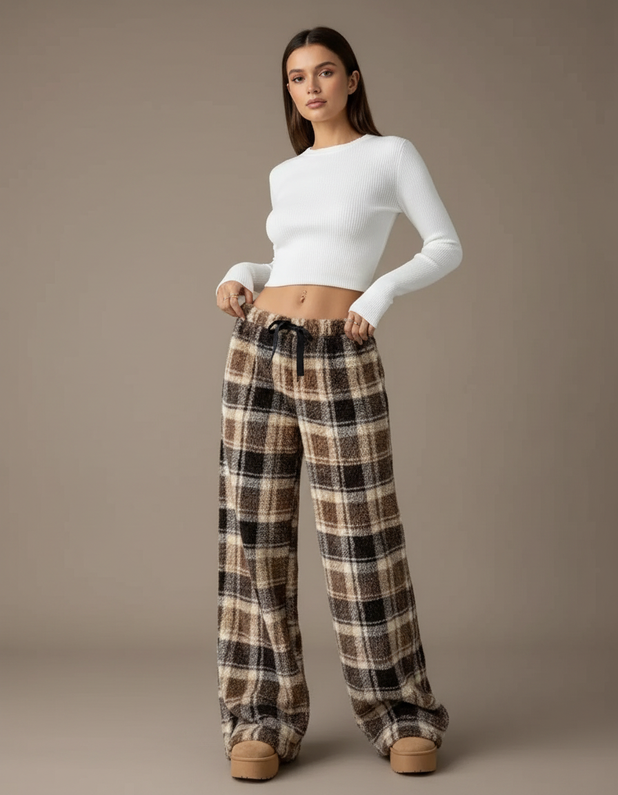 Pantalon Fluide Carreaux Marron Ample Chaud Plaid - Tweed