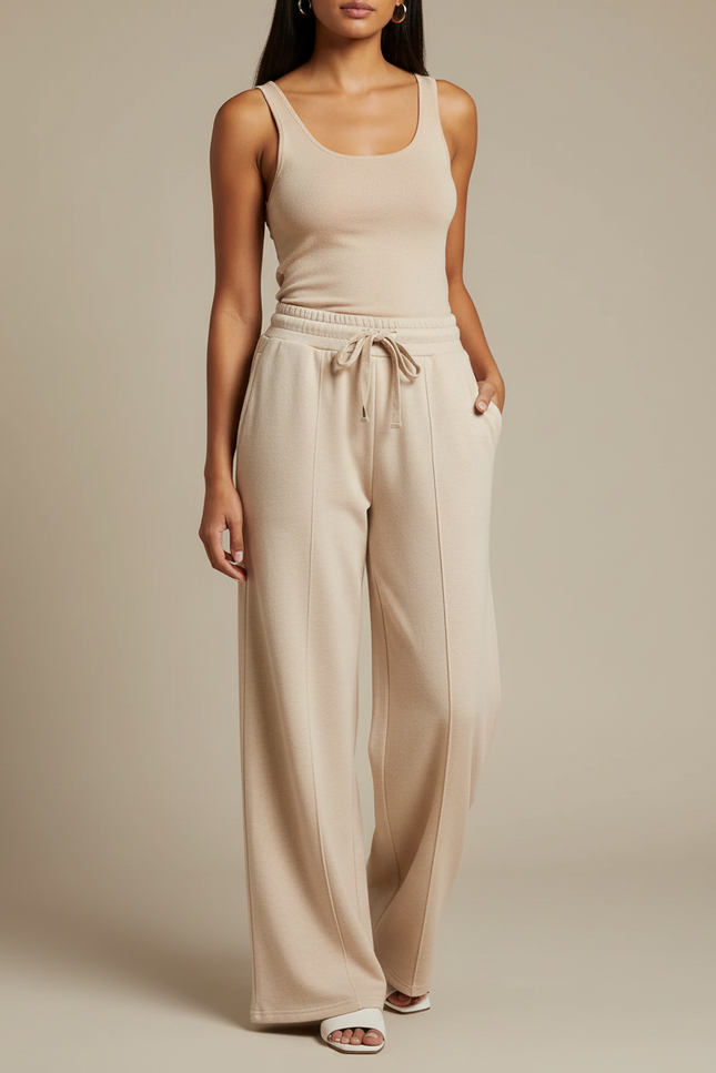 Pantalon Fluide Beige Large Décontracté Cordon Poches - Molleton