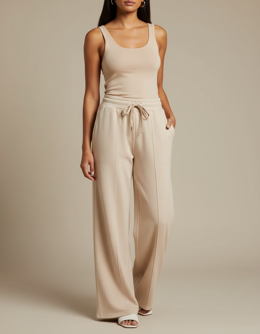 Pantalon Fluide Beige Large Décontracté Cordon Poches - Molleton